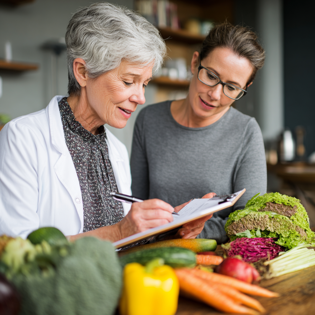 Mature adult reviewing personalized nutrition plan with professional dietitian