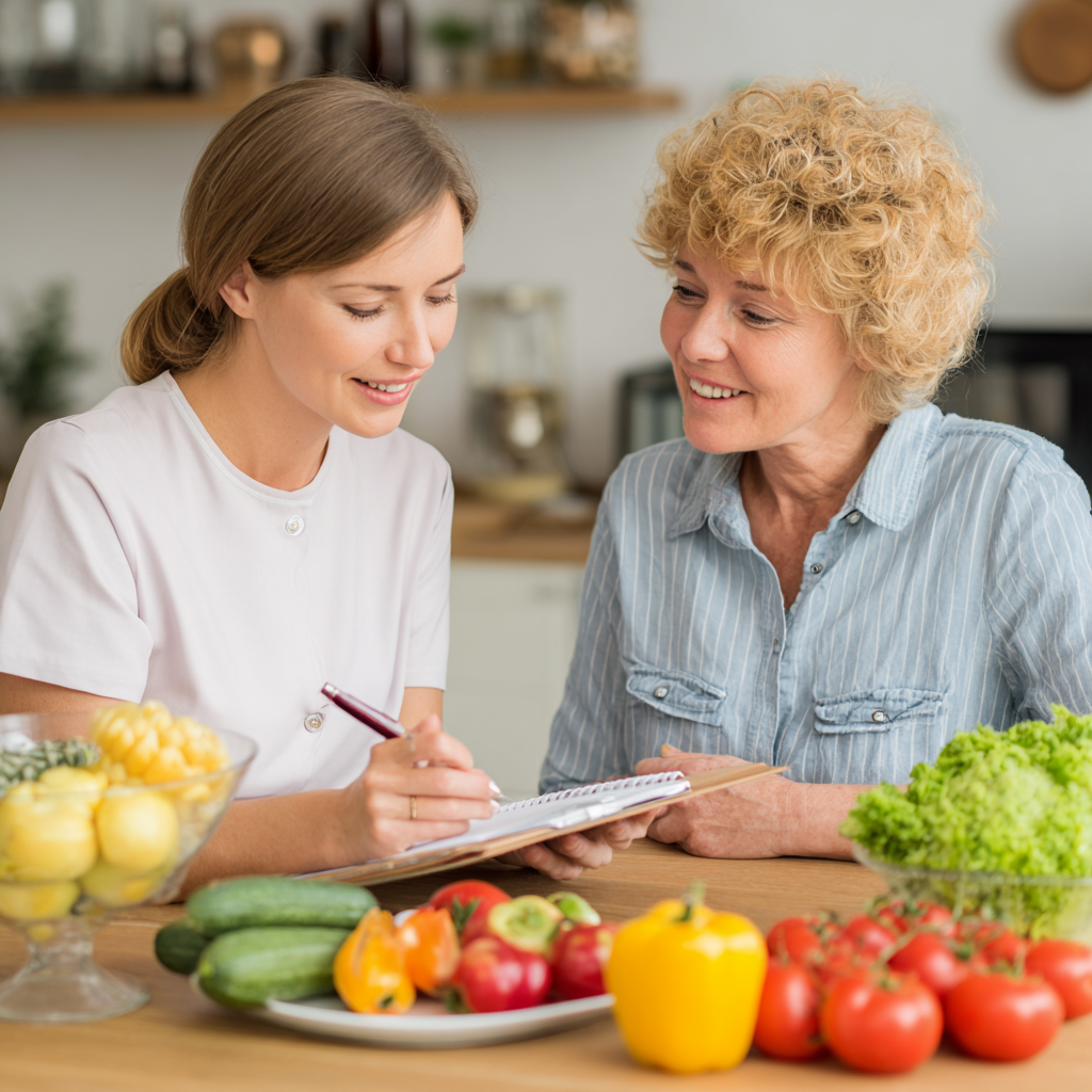 Professional nutritionist consulting with middle-aged woman about healthy meal planning